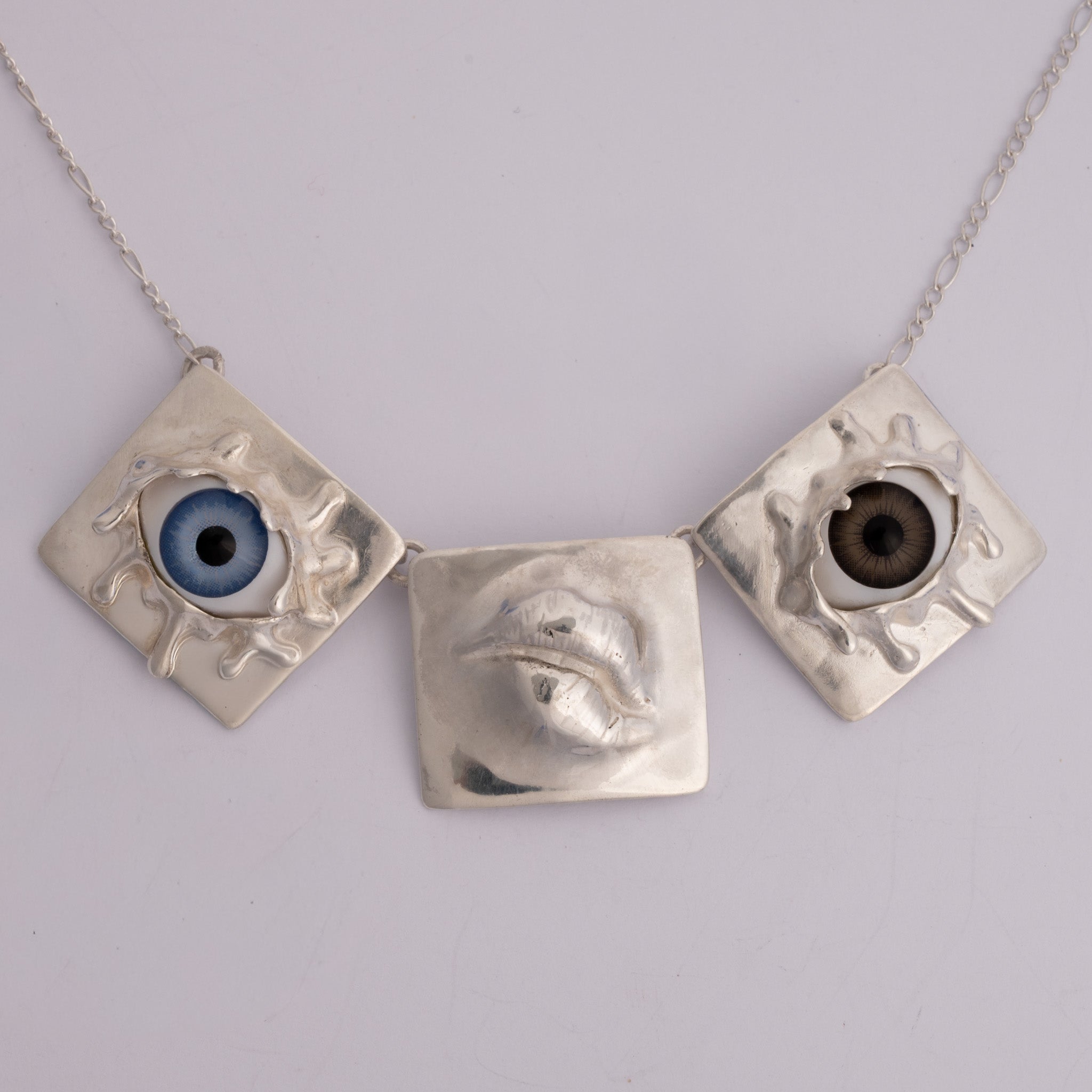 Mental Triptych - Sterling Silver 925 Necklace with Crystal Eyes | Artistic Jewelry